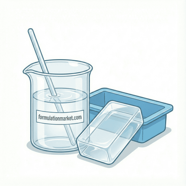 Vector illustration of a beaker containing melted transparent soap base next to a finished crystal clear soap bar and a silicone mold, labeled formulationmarket.com.