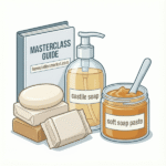 Vector illustration of a collection of soap products including bar soap, liquid soap bottle, and a jar of soft soap paste labeled formulationmarket.com.