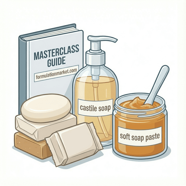 Vector illustration of a collection of soap products including bar soap, liquid soap bottle, and a jar of soft soap paste labeled formulationmarket.com.