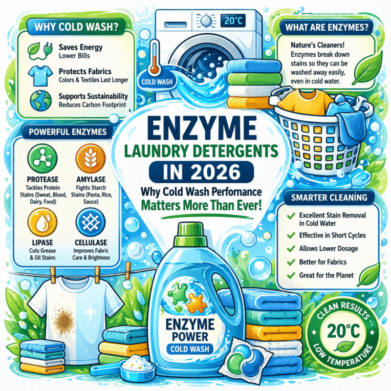 Square vector infographic showing enzyme laundry detergents in 2026 with cold wash performance benefits, stain removal enzymes, and energy-saving laundry cleaning.