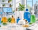 Custom formulation development laboratory with chemical research, cosmetic products, detergent samples and technical R&D equipment