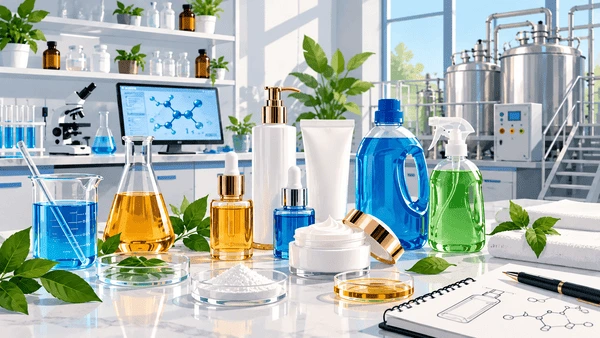 Custom formulation development laboratory with chemical research, cosmetic products, detergent samples and technical R&D equipment