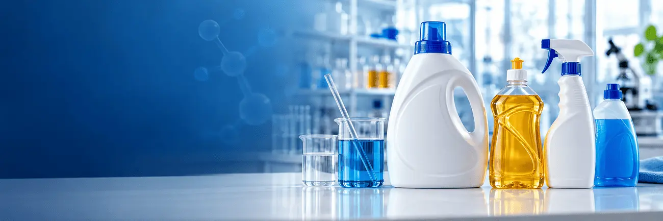 Laundry detergent, dishwashing liquid and cleaning spray bottles with laboratory beakers against a blue background.