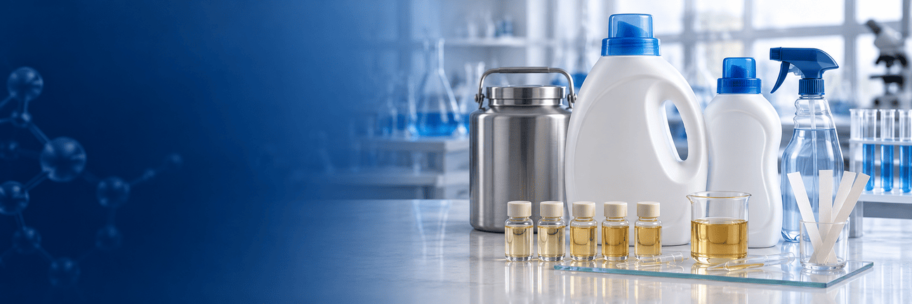 Detergent and fabric softener bottles beside fragrance sample vials, scent testing strips and a stainless steel bulk container.