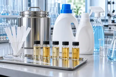 Fragrance sample vials and scent testing strips beside detergent bottles, a spray cleaner and a stainless steel bulk container.