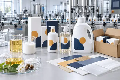 Product bottles with coordinated labels, retail cartons, packaging swatches and laboratory samples in front of a filling line.