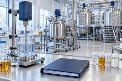 Benchtop laboratory mixer in the foreground with a pilot mixing vessel and larger stainless steel production tanks behind it.