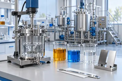 Laboratory mixer, beakers containing amber, blue and clear liquids, and metal test panels with industrial equipment behind them.
