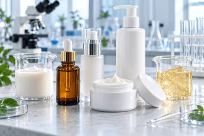 Laundry detergent, dishwashing liquid and spray cleaner bottles beside glass beakers containing blue and clear liquids.