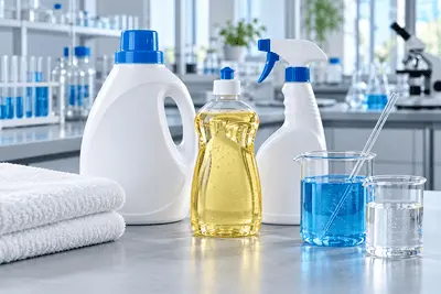 Laundry detergent, dishwashing liquid and spray cleaner bottles beside glass beakers containing blue and clear liquids.