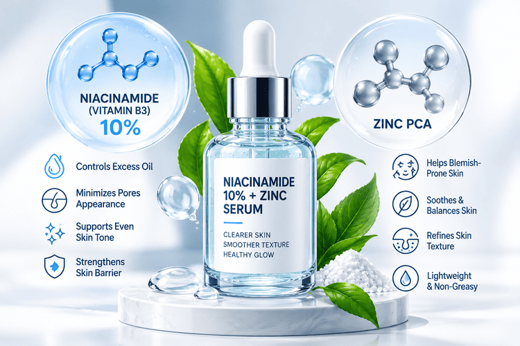 Niacinamide 10% + Zinc Serum facial skincare product featuring vitamin B3 and zinc PCA for oily skin and uneven skin tone.