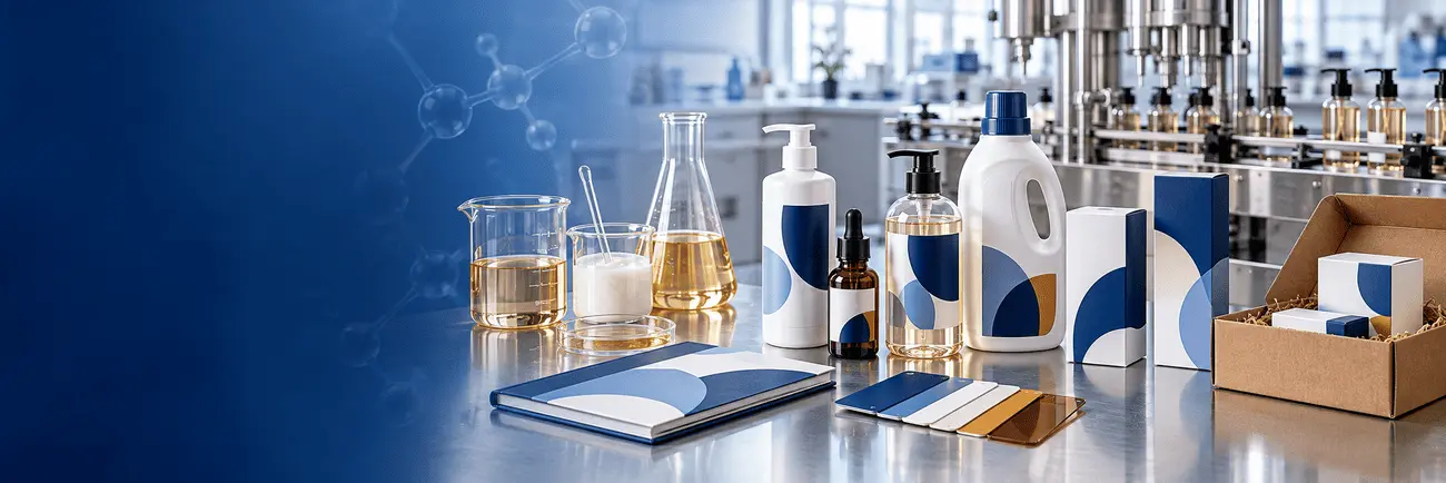 Laboratory samples, labelled product bottles and retail cartons beside packaging swatches, with a filling line in the background.