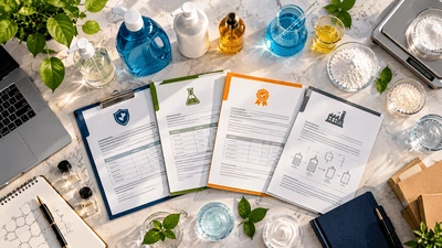 Professional formulation dossier with SDS, TDS, COA documents, manufacturing instructions and laboratory quality-control equipment