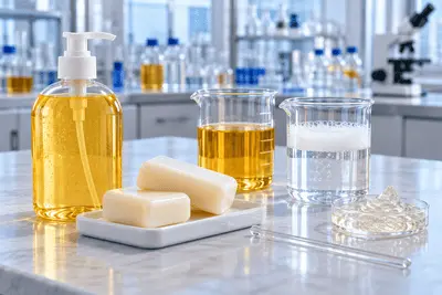 Golden liquid soap in a pump bottle, ivory soap bars and glass beakers containing surfactant liquid and a foaming solution.