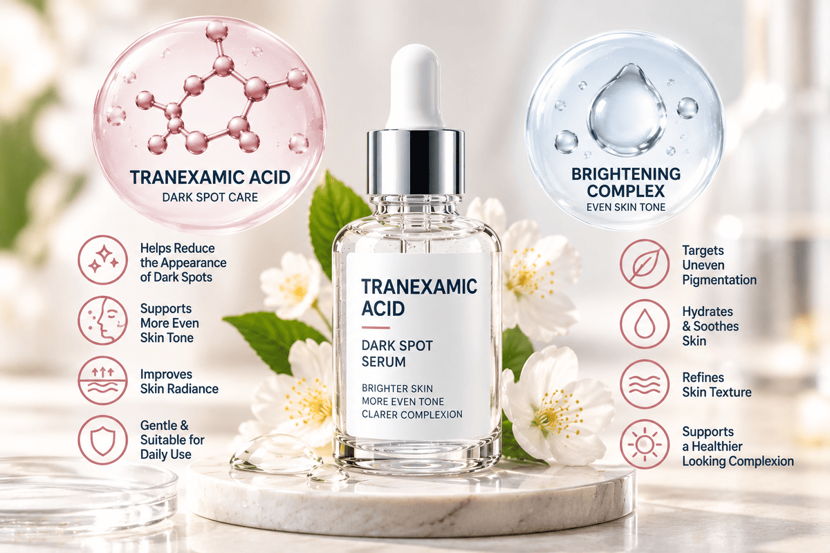 Vitamin C Brightening Serum with an amber dropper bottle, citrus fruit and antioxidant skincare benefits for radiant-looking skin.