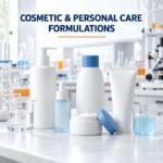 Skincare bottles, cream jar and laboratory beakers for cosmetic formulation development