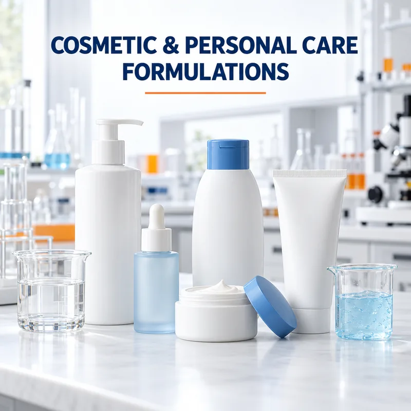 Skincare bottles, cream jar and laboratory beakers for cosmetic formulation development