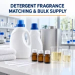 Amber fragrance sample bottles, scent testing strips and detergent containers in a laboratory