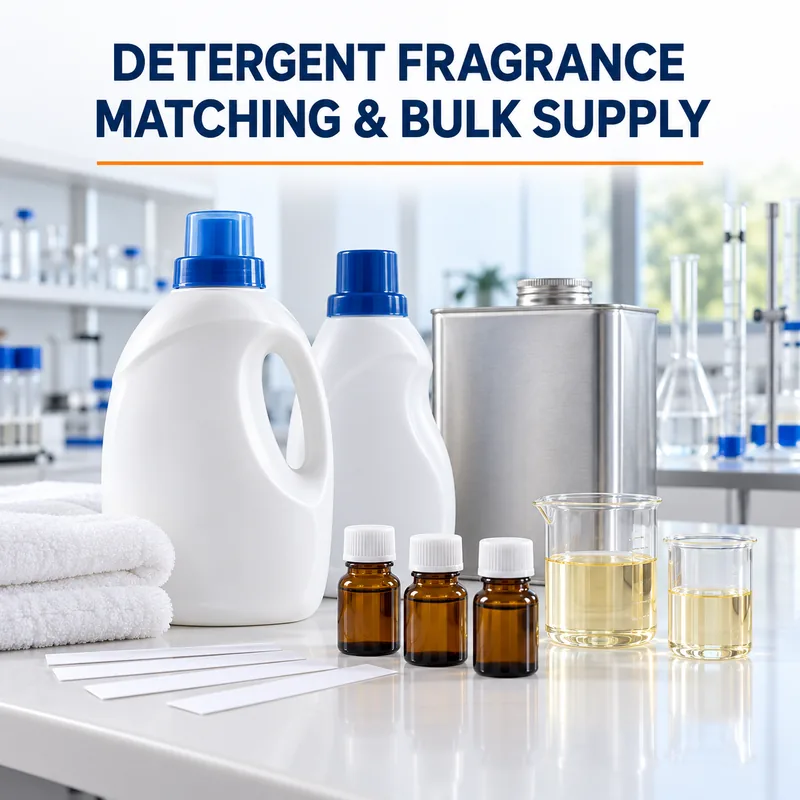 Amber fragrance sample bottles, scent testing strips and detergent containers in a laboratory