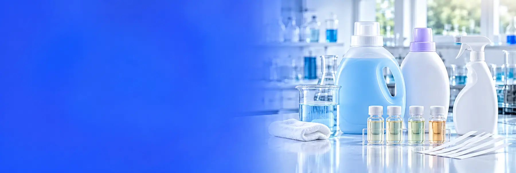 Detergent, softener and spray cleaner bottles with fragrance sample vials and scent testing strips beside a blue background.