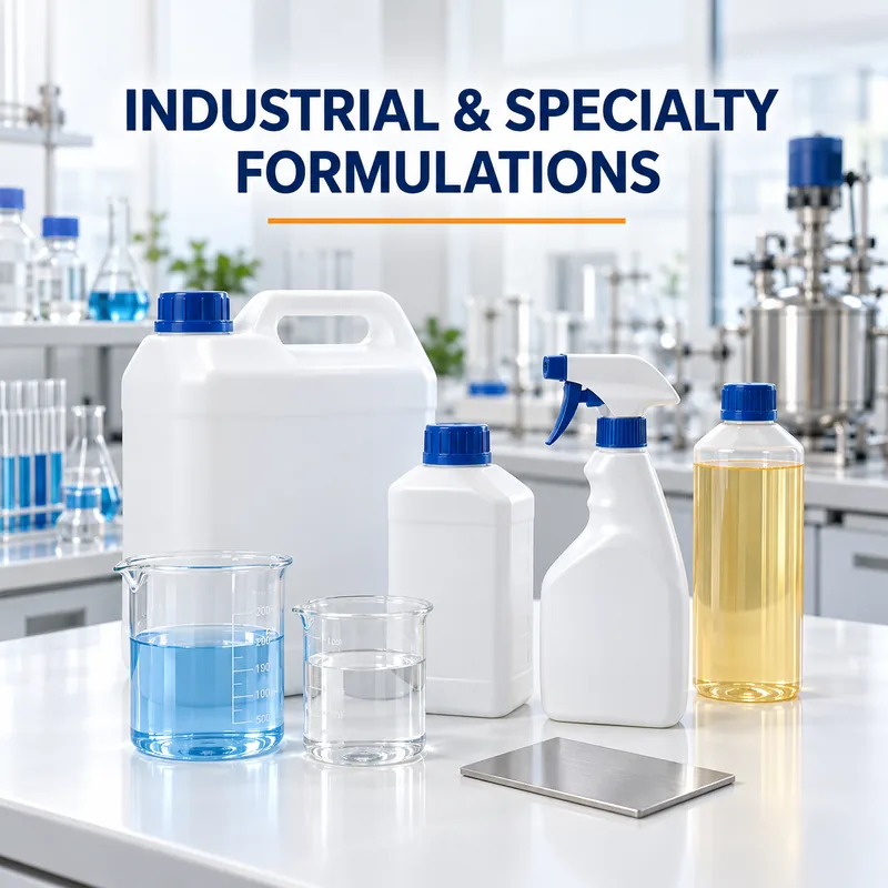 Industrial cleaning containers, laboratory beakers and a metal test panel on a laboratory worktop
