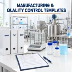BMR, QC and SOP folders with a production checklist, laboratory balance and product samples