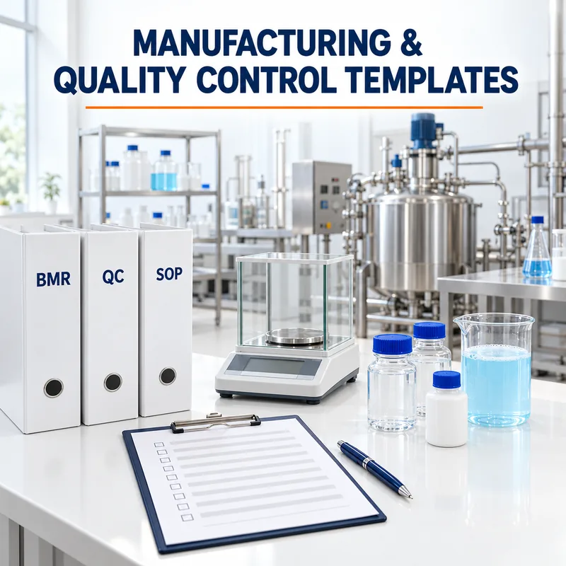 BMR, QC and SOP folders with a production checklist, laboratory balance and product samples