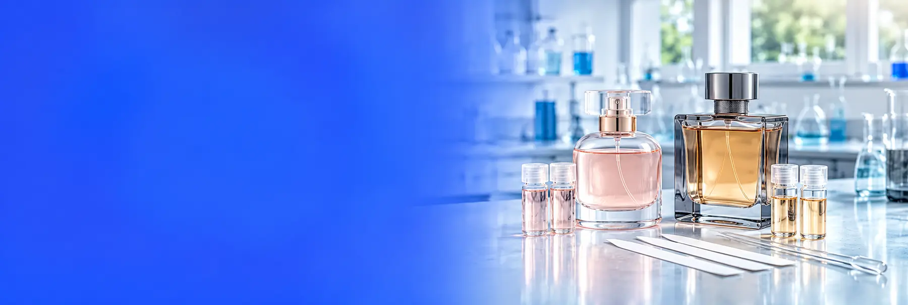 Two perfume bottles with fragrance sample vials, scent testing strips and a glass pipette beside a blue background.