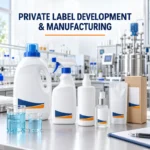 Coordinated private label bottles, a refill sachet and a product carton on a laboratory worktop