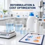 Laboratory samples, precision balance and product bottles beside a formulation comparison chart