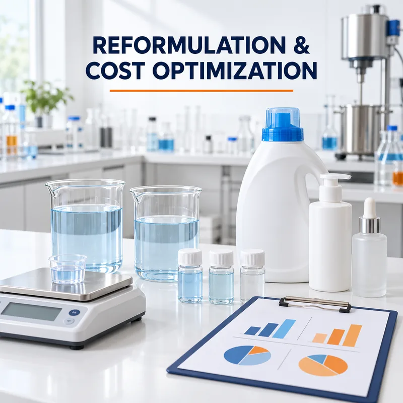 Laboratory samples, precision balance and product bottles beside a formulation comparison chart