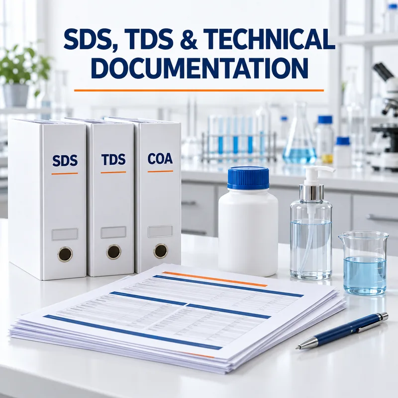SDS, TDS and COA folders with technical documents and product samples on a laboratory worktop