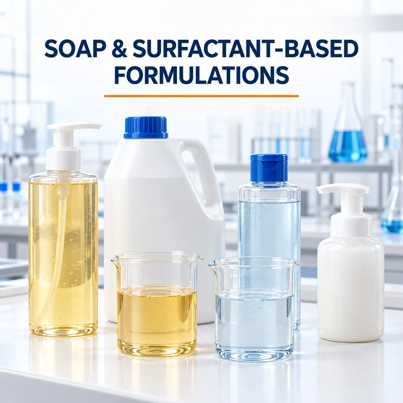 Liquid soap bottles, a concentrate container and laboratory beakers with amber and clear cleansing liquids
